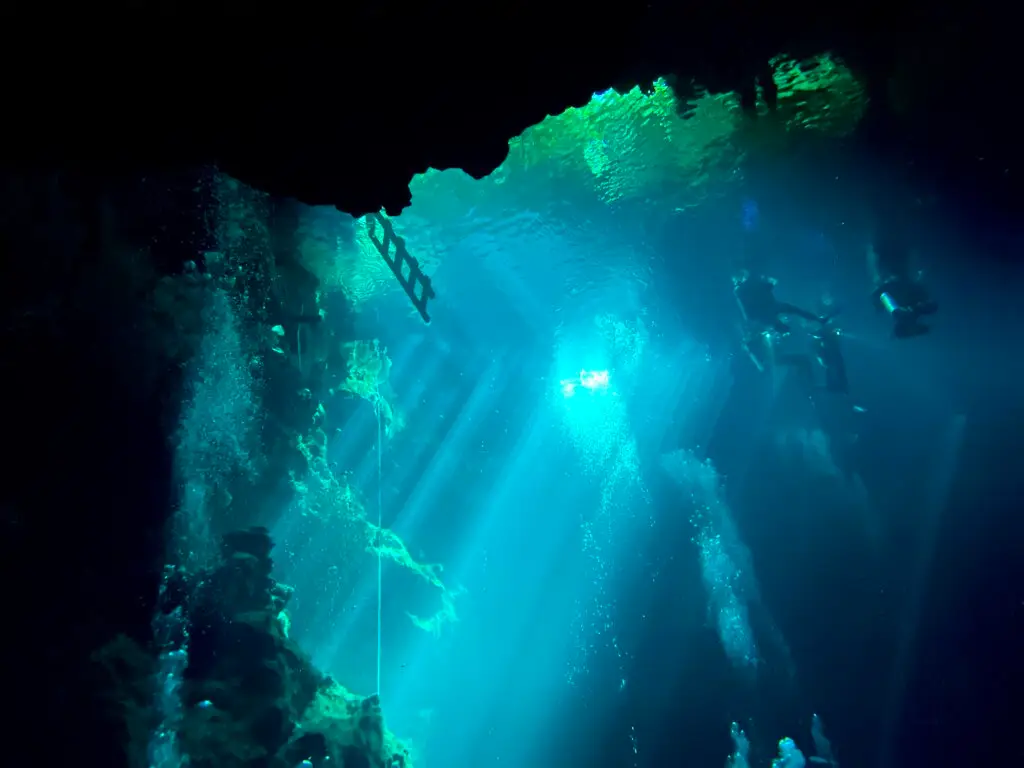 Sunbeams entering a cenote cavern above the entry pool