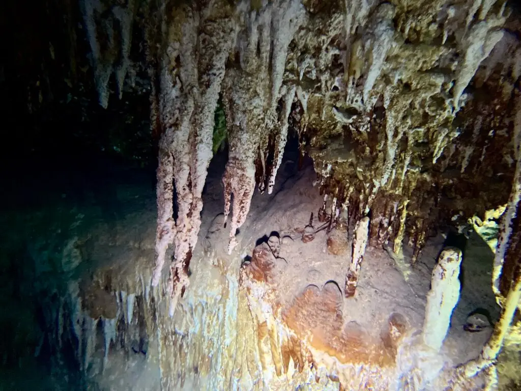Densely decorated cavern with stalactites and columns