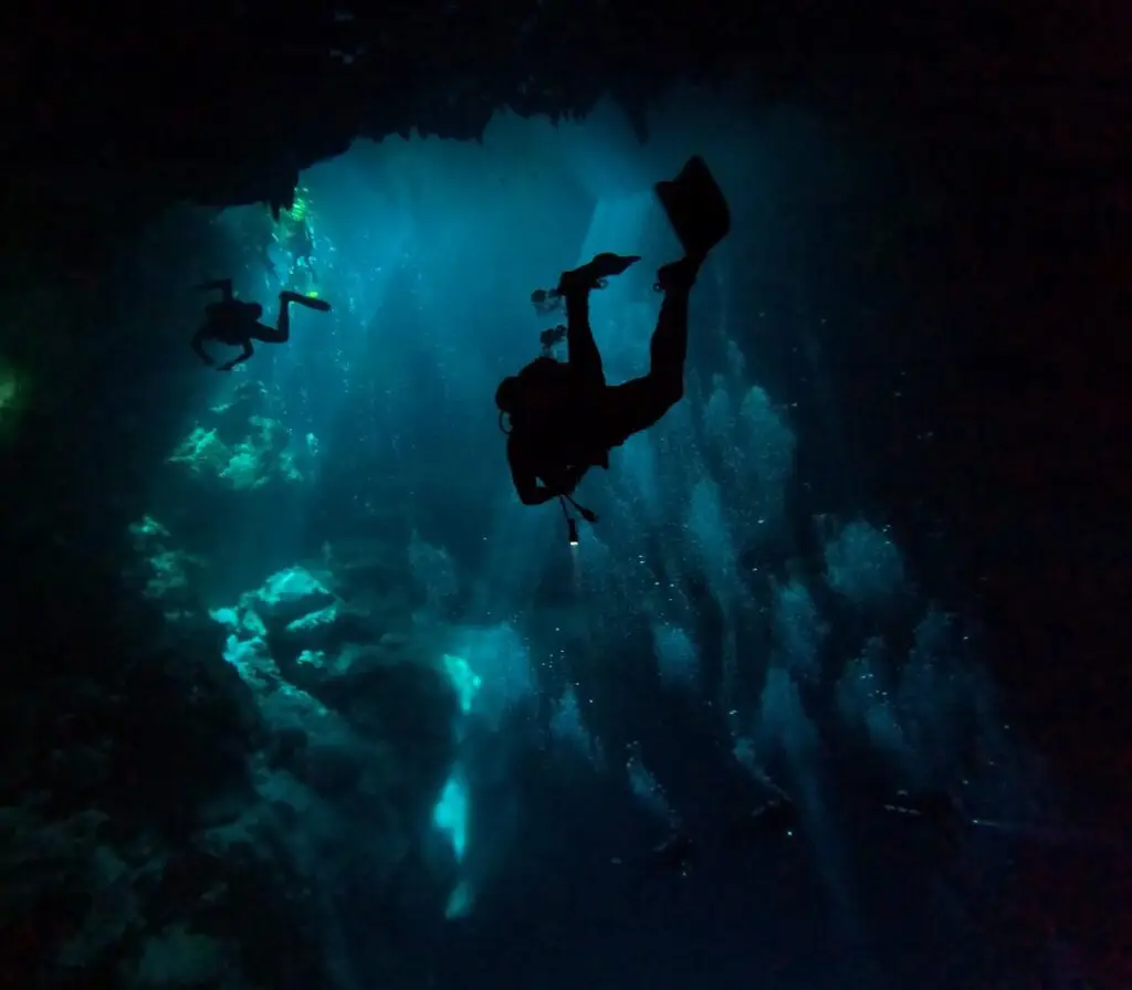 Diver descending through the light in a cenote, photo by a guest