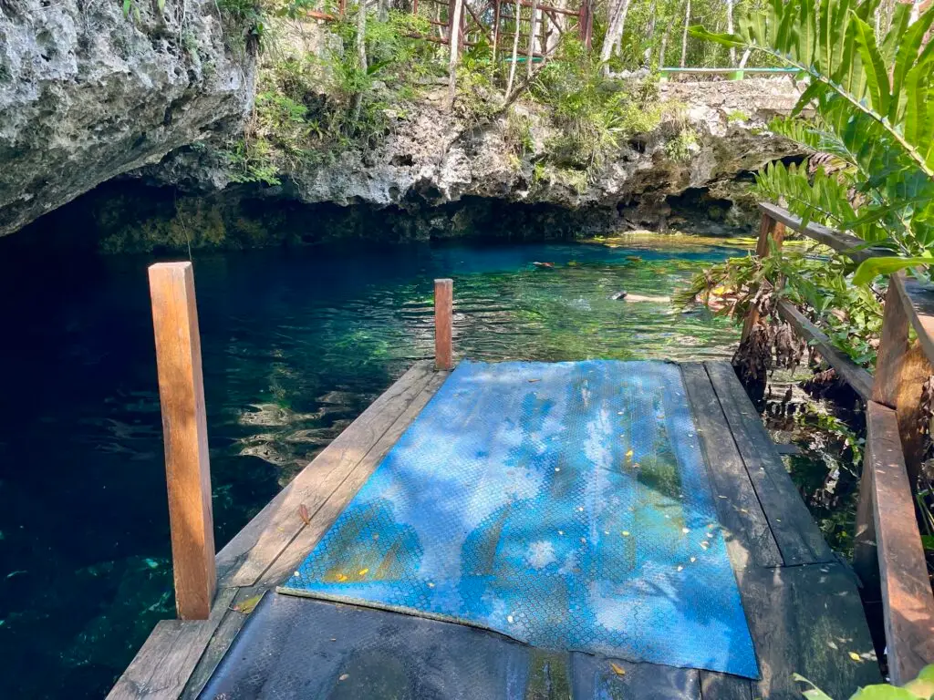 Wooden entry platform at the edge of a cenote pool
